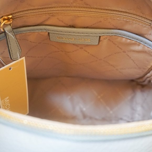 Michael Kors Erin Medium Backpack Pebbled Leather Pale Blue Gold Toned Studded - Picture 6 of 11